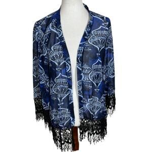Show Me Your Mumu Alston Fringe Kimono Blue and Black “Genie In A Bottle” Sz L